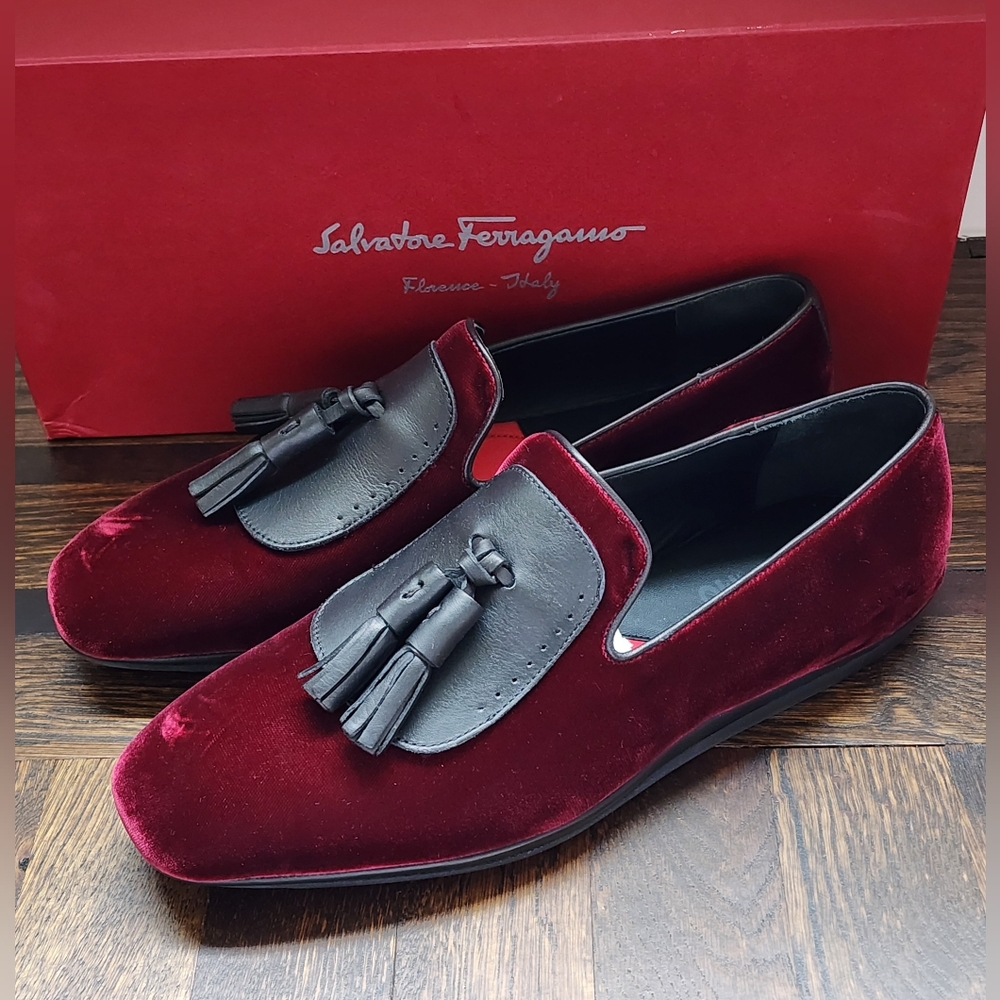 $685 New Salvatore Ferragamo Men Finnegan Red Velvet Tassel Loafers 8 - Picture 6 of 10
